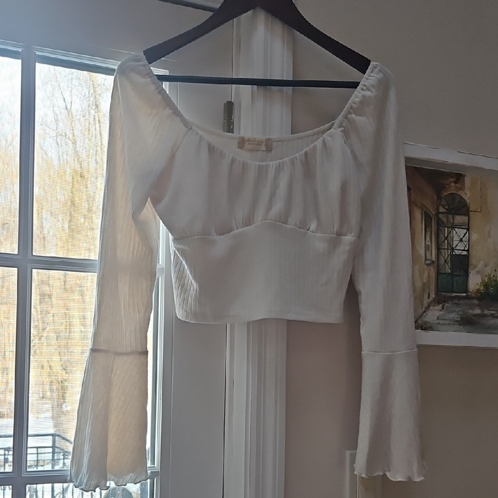 Altar'd State White Bell Sleeve Crop Blouse with Ruffled Neckline